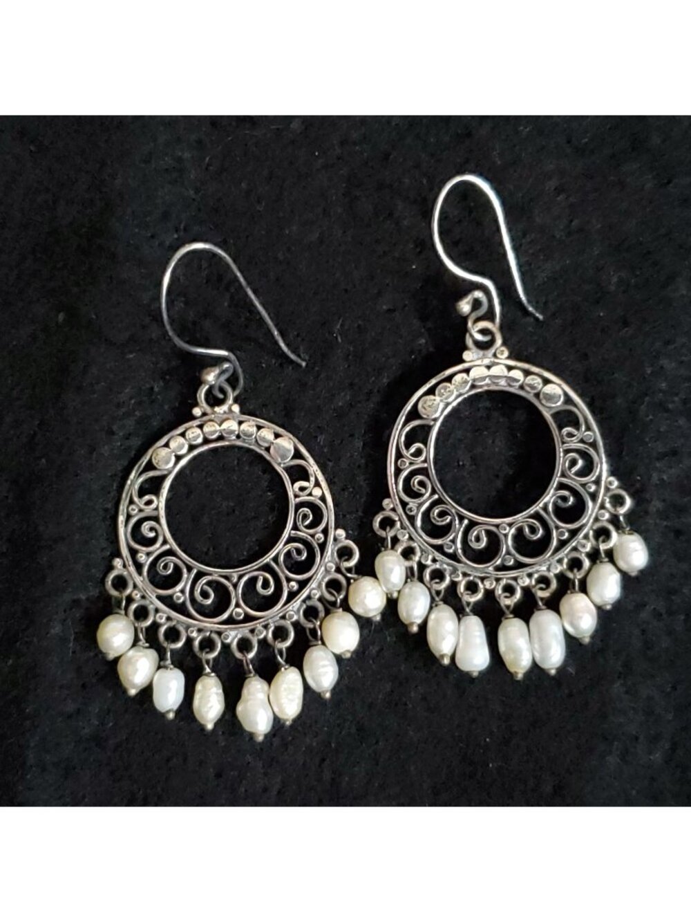 Sterling Silver Earrings Dangle Pearls 1"